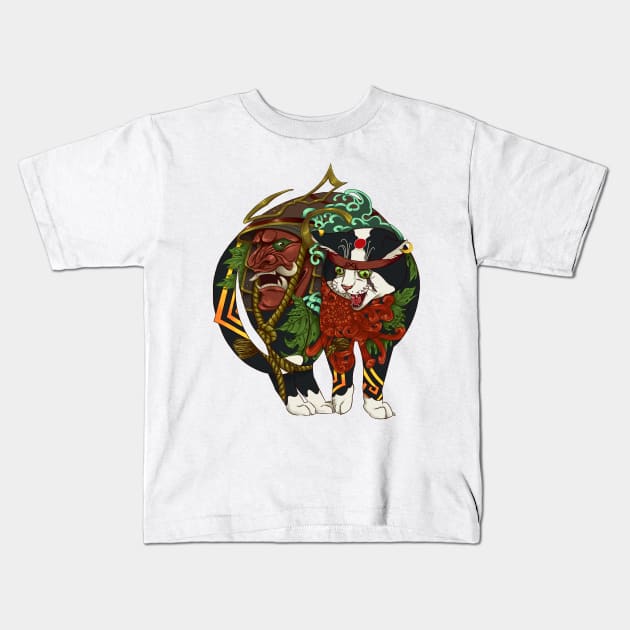 Japanese samurai cat Kids T-Shirt by NevermindOnArt